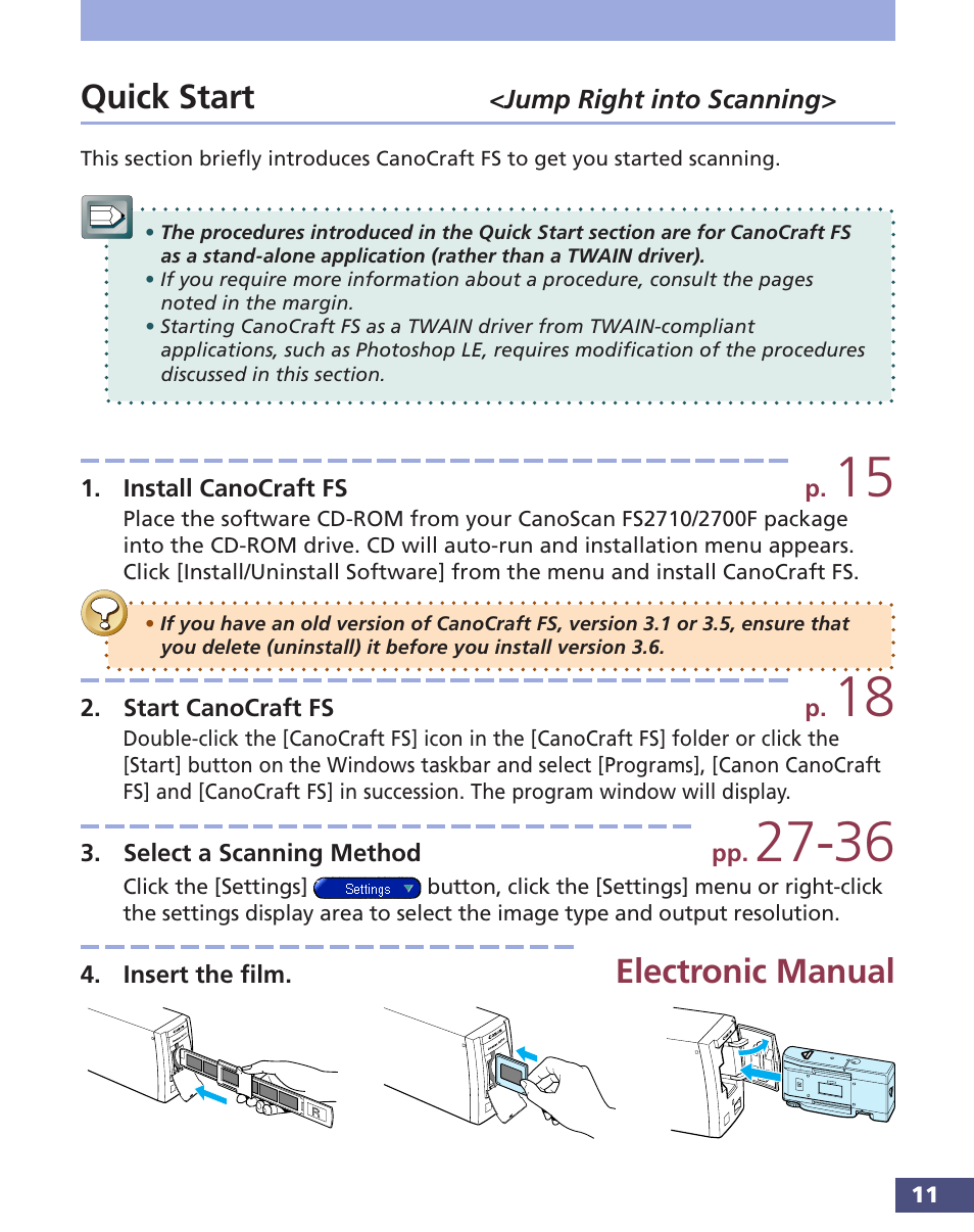 Quick start <jump right into scanning, Quick start, Electronic manual | Canon FS 3.6 User Manual | Page 11 / 135