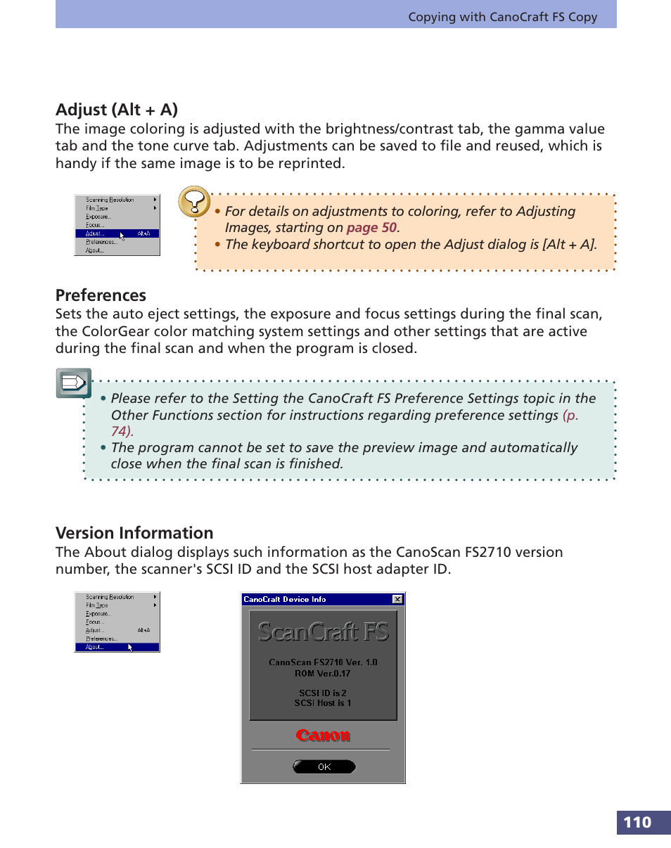 Adjust (alt + a) preferences version information, Adjust (alt + a), Preferences | Version information | Canon FS 3.6 User Manual | Page 110 / 135