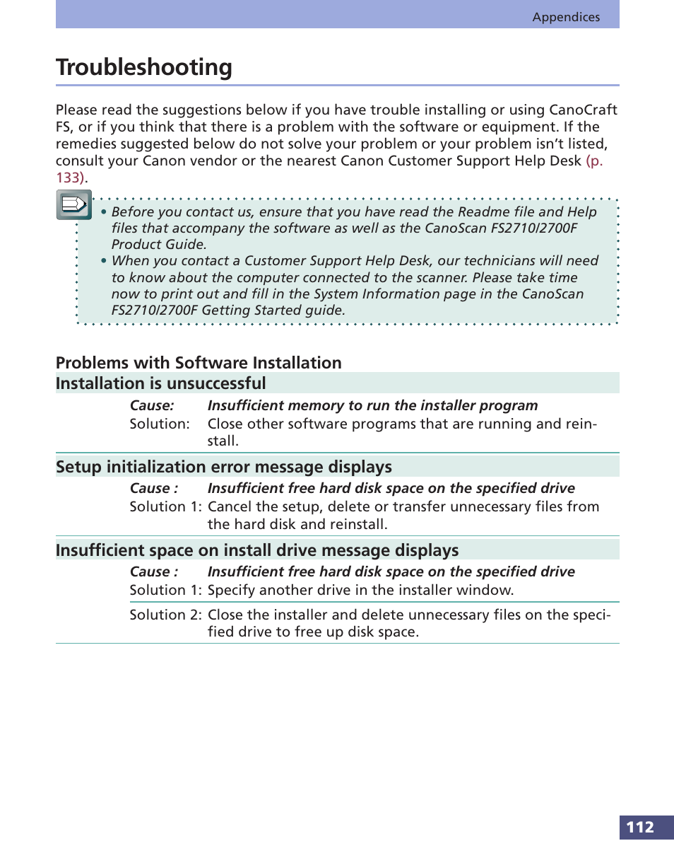 Troubleshooting, Problems with software installation | Canon FS 3.6 User Manual | Page 112 / 135