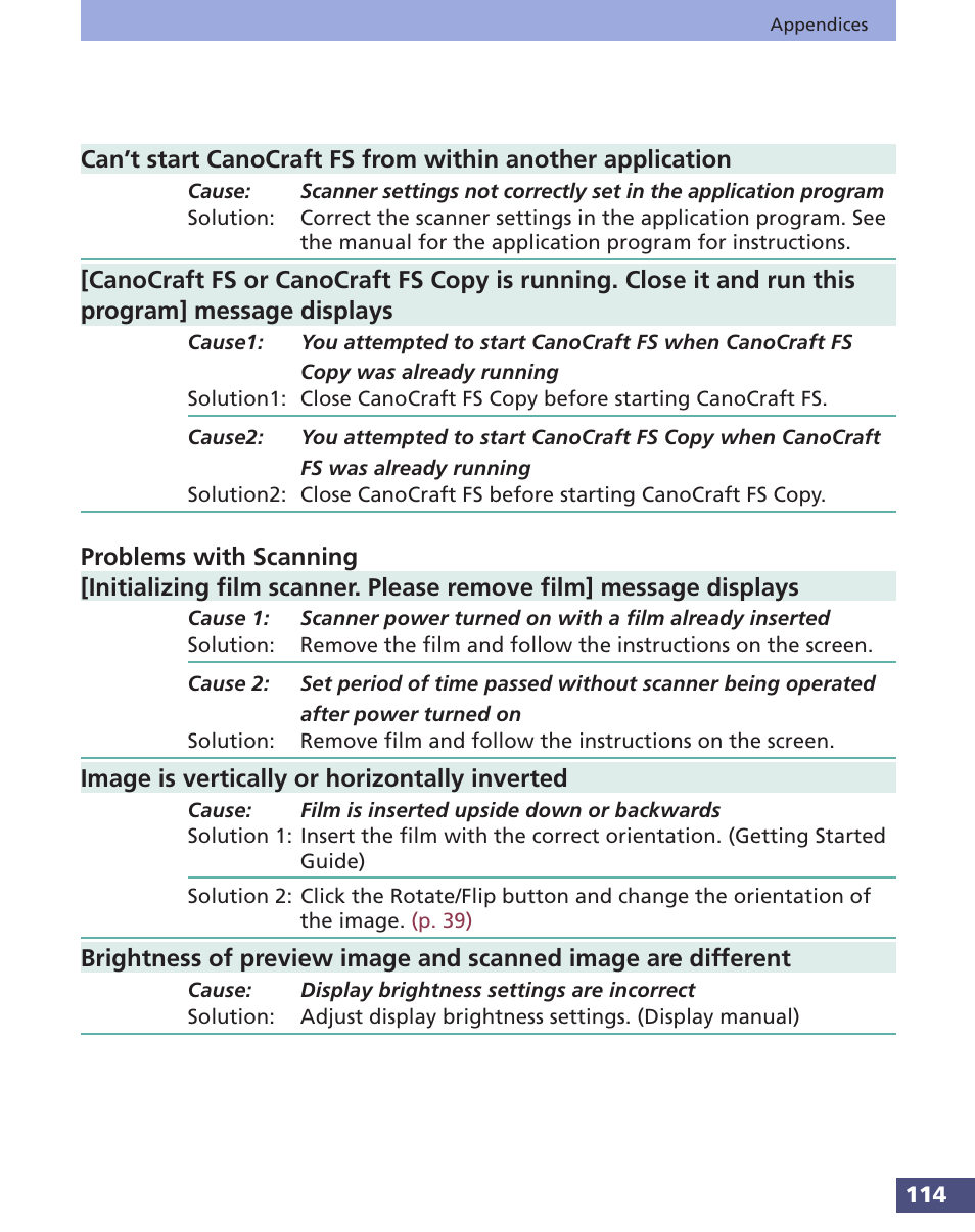 Problems with scanning, Image is vertically or horizontally inverted | Canon FS 3.6 User Manual | Page 114 / 135