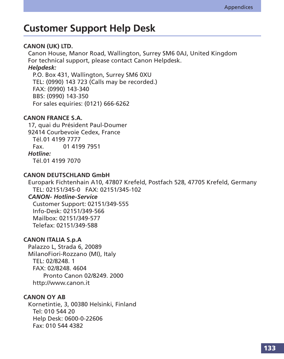 Customer support help desk | Canon FS 3.6 User Manual | Page 133 / 135