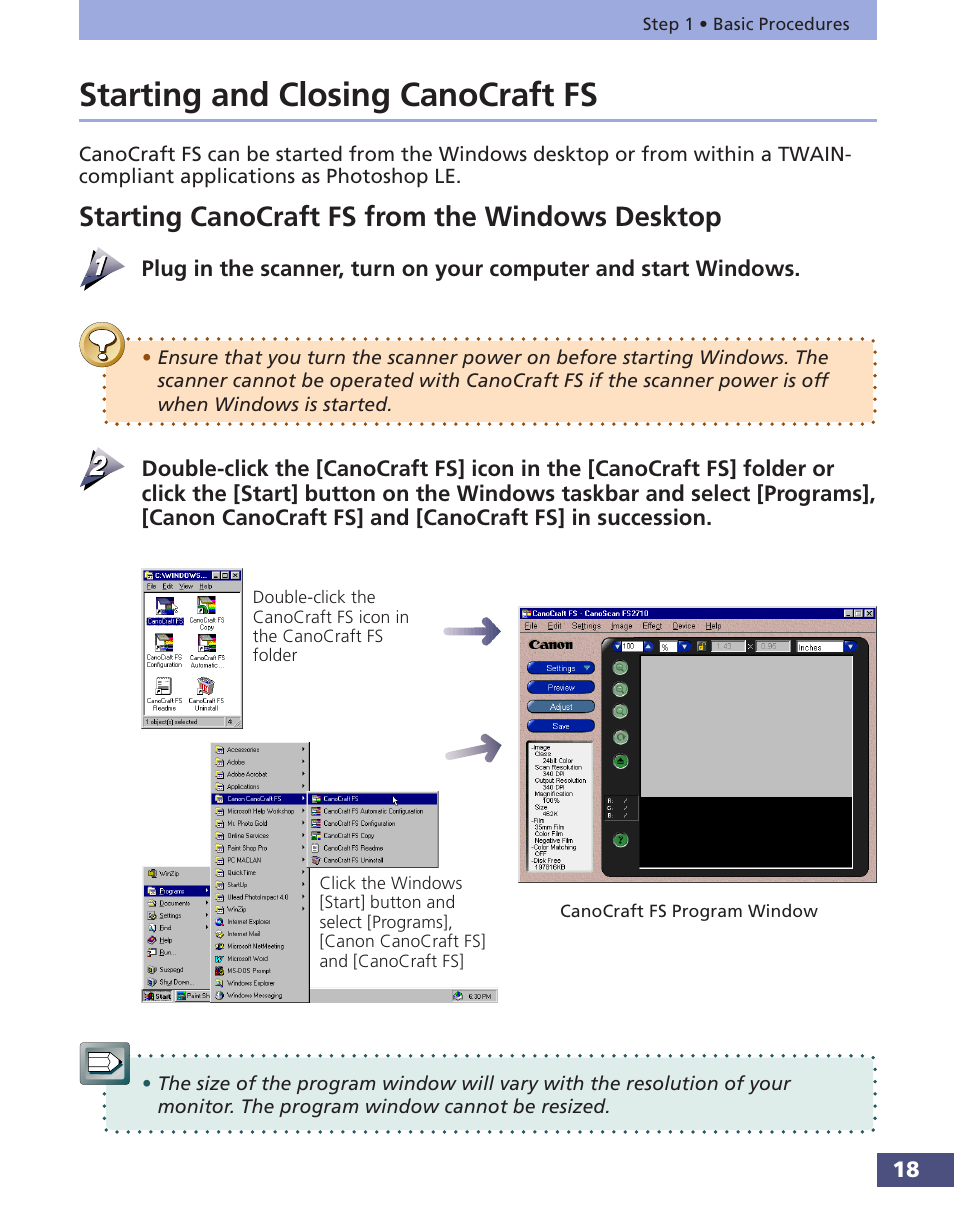 Starting and closing canocraft fs, Starting canocraft fs from the windows desktop | Canon FS 3.6 User Manual | Page 18 / 135