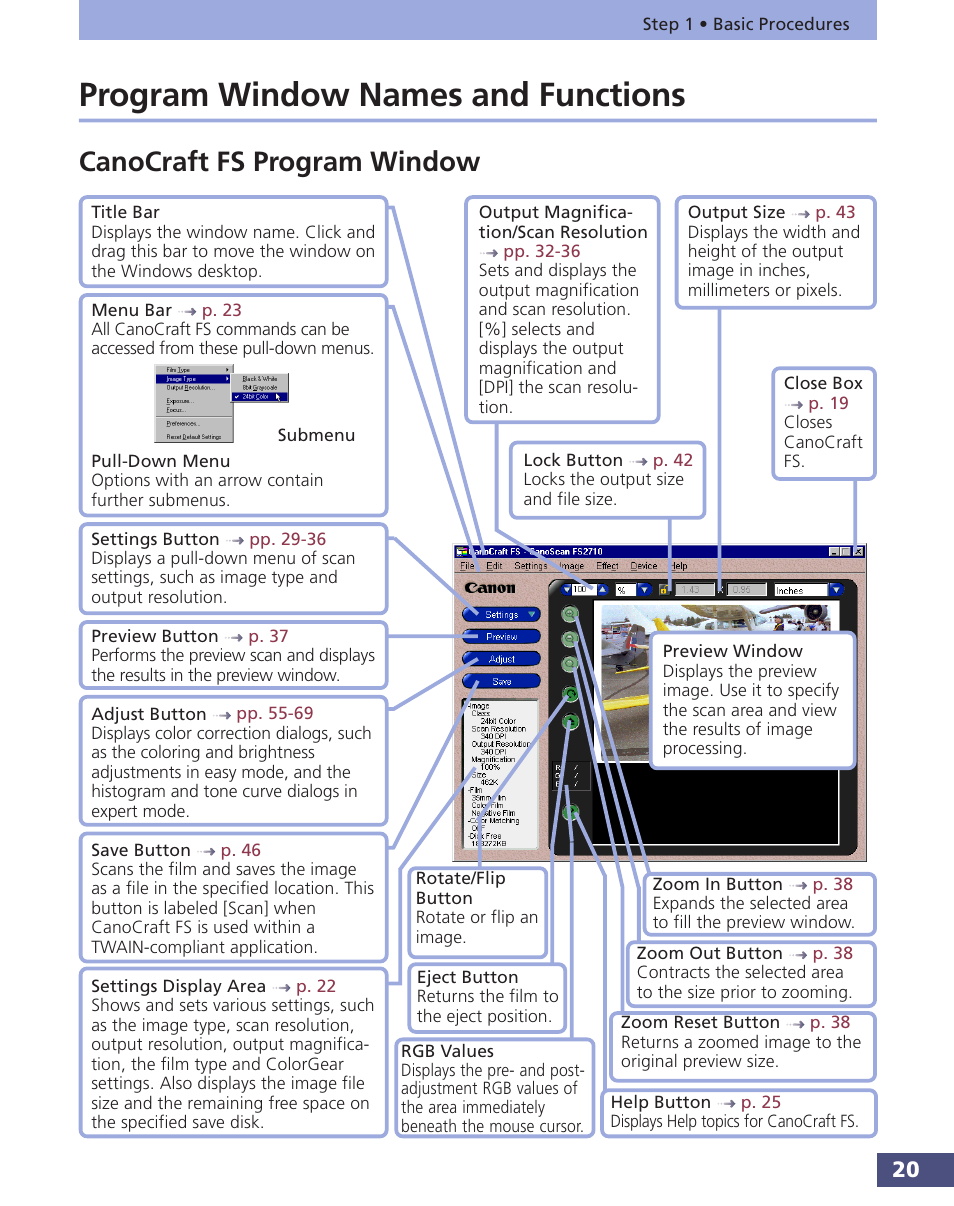 Program window names and functions, Canocraft fs program window | Canon FS 3.6 User Manual | Page 20 / 135