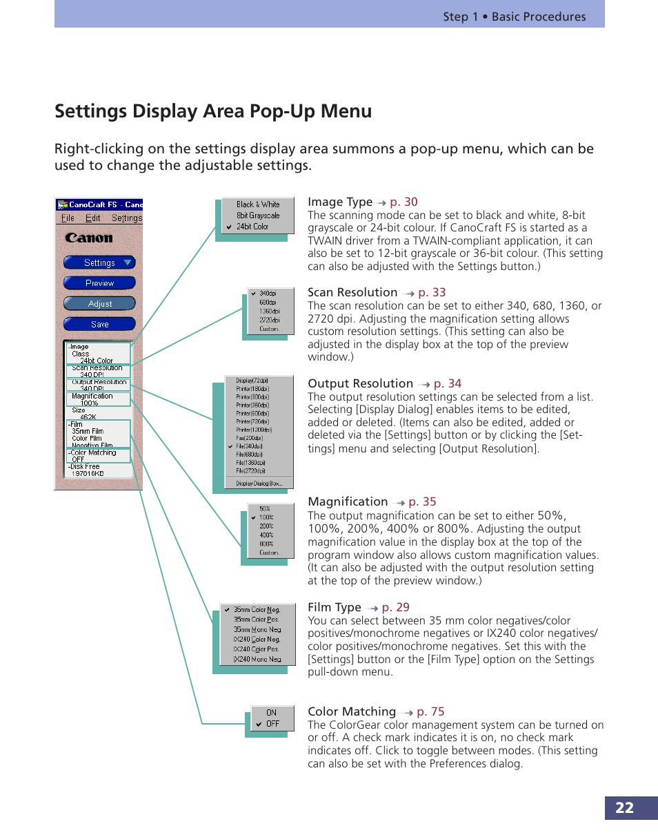 Settings display area pop-up menu, P. 22 | Canon FS 3.6 User Manual | Page 22 / 135