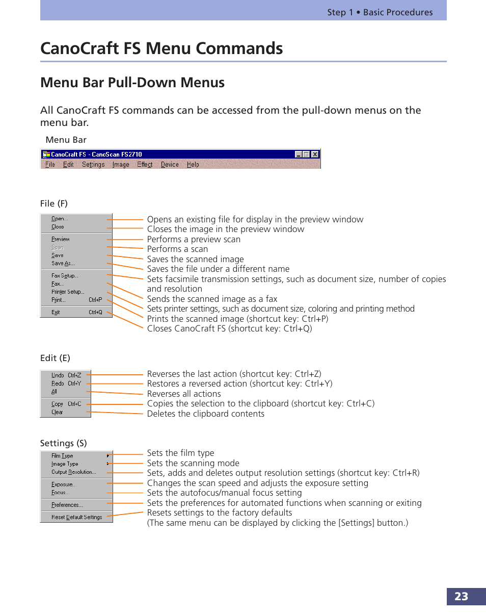 Canocraft fs menu commands, Menu bar pull-down menus, P. 23 | Canon FS 3.6 User Manual | Page 23 / 135
