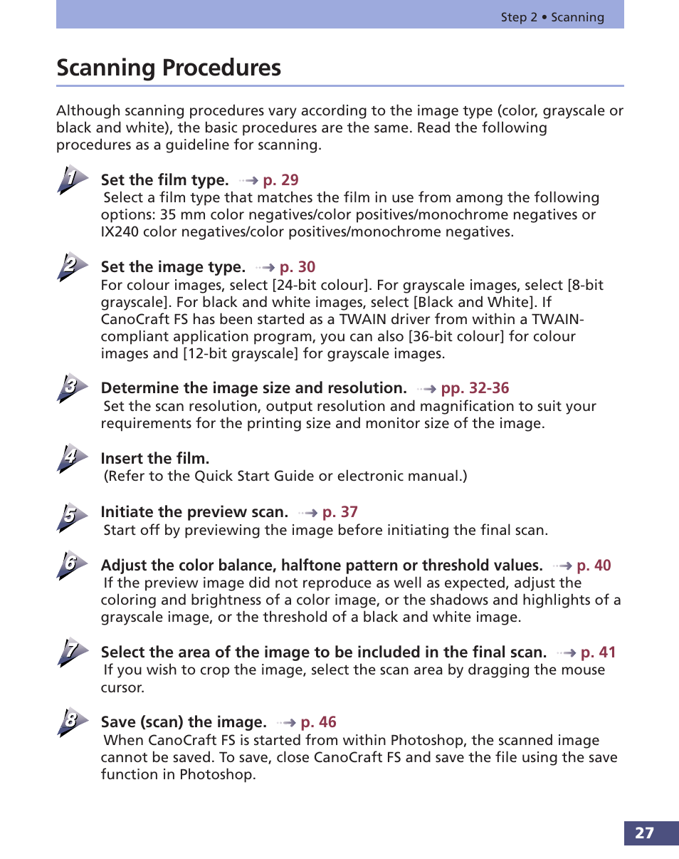 Scanning procedures | Canon FS 3.6 User Manual | Page 27 / 135