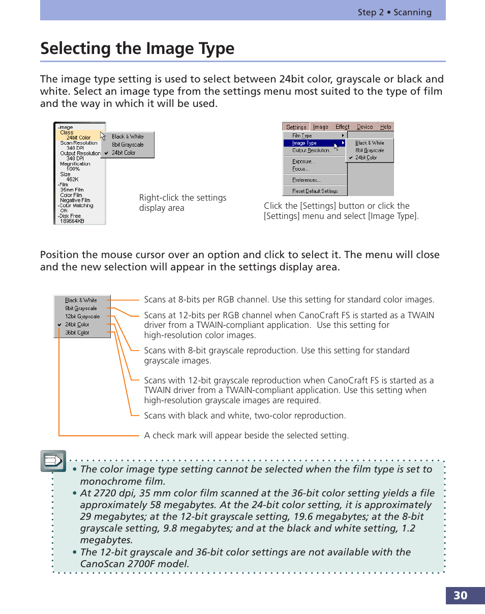 Selecting the image type, P. 30 | Canon FS 3.6 User Manual | Page 30 / 135