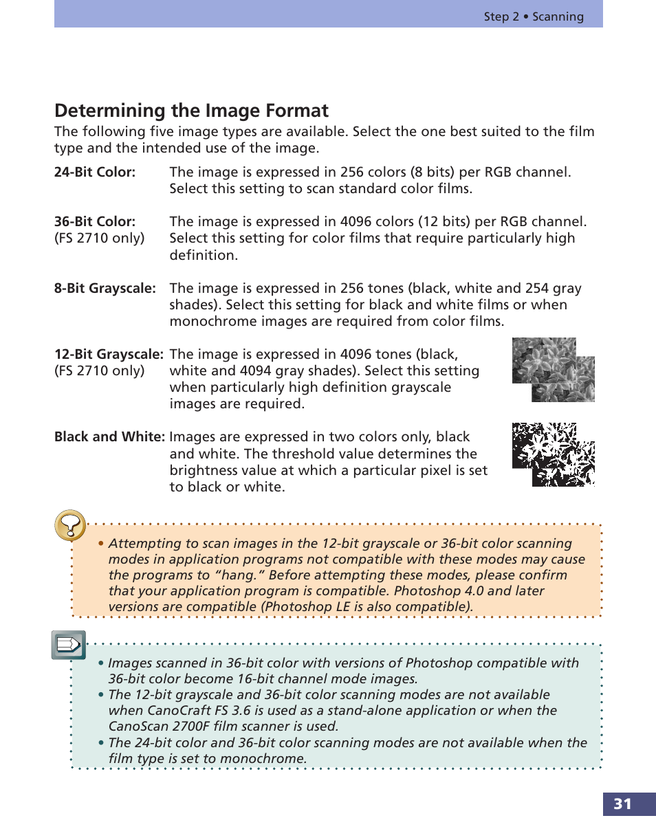 Determining the image format | Canon FS 3.6 User Manual | Page 31 / 135