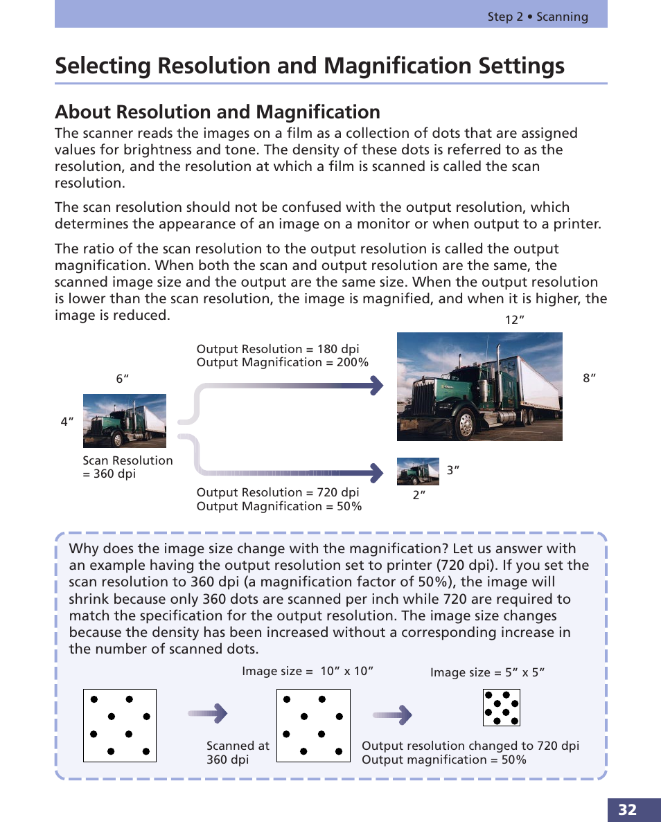 Selecting resolution and magnification settings, About resolution and magnification, Pp. 32-36 | Canon FS 3.6 User Manual | Page 32 / 135