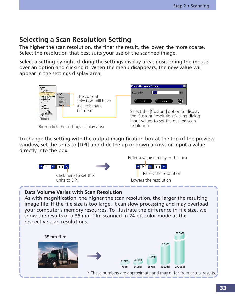 Selecting a scan resolution setting, P. 33 | Canon FS 3.6 User Manual | Page 33 / 135