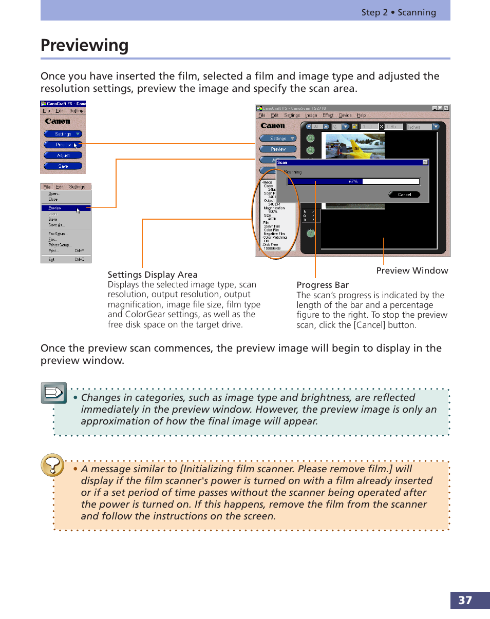 Previewing, P. 37 | Canon FS 3.6 User Manual | Page 37 / 135