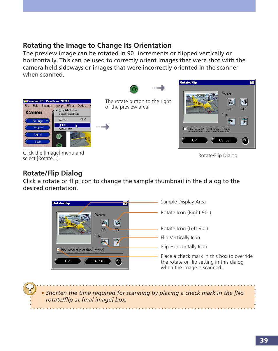 Rotating the image to change its orientation, Rotate/flip dialog | Canon FS 3.6 User Manual | Page 39 / 135