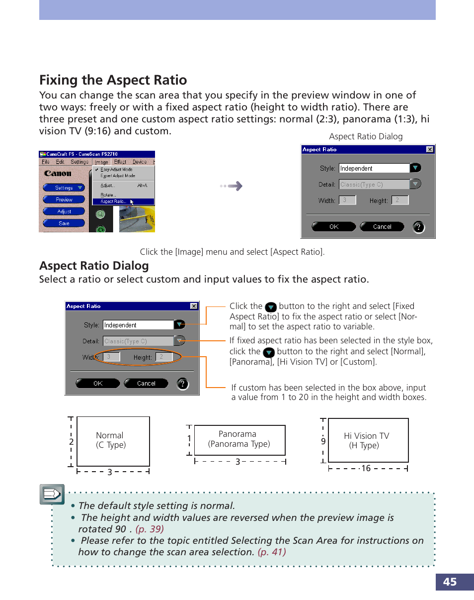 Fixing the aspect ratio, Aspect ratio dialog | Canon FS 3.6 User Manual | Page 45 / 135