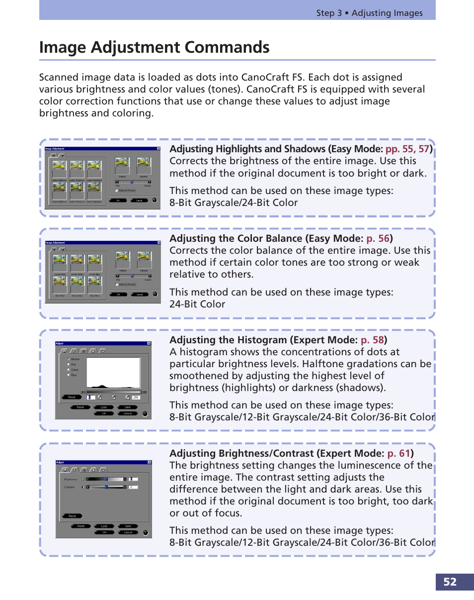 Image adjustment commands | Canon FS 3.6 User Manual | Page 52 / 135