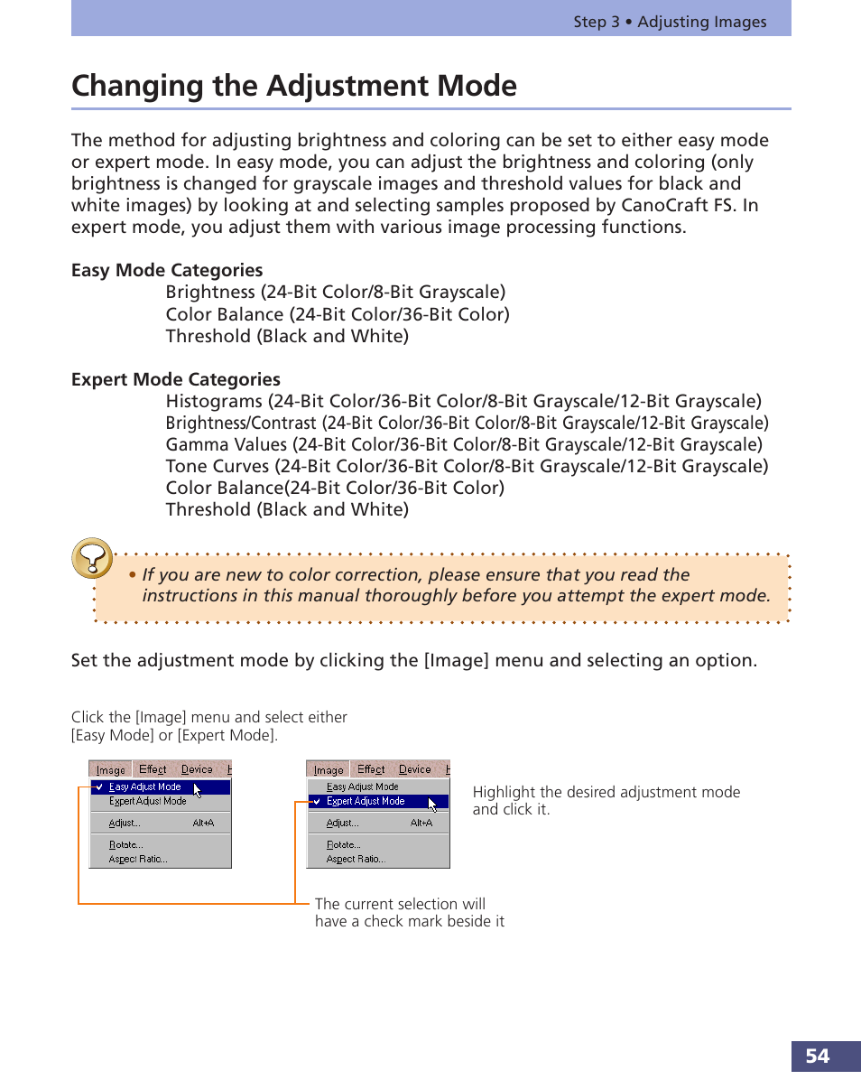 Changing the adjustment mode | Canon FS 3.6 User Manual | Page 54 / 135