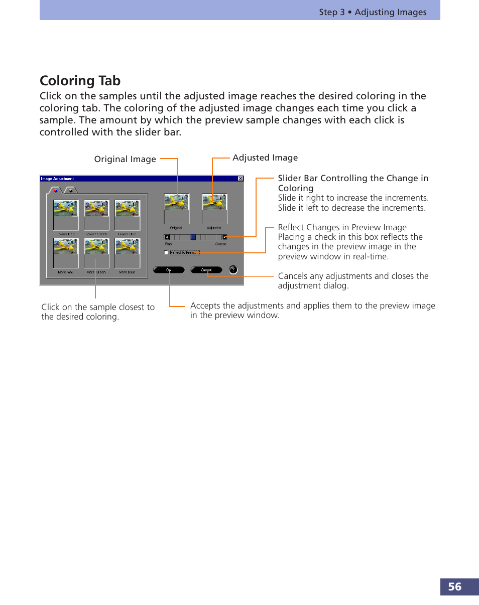 Coloring tab, Adjusting the color balance (easy mode, P. 56 | Canon FS 3.6 User Manual | Page 56 / 135