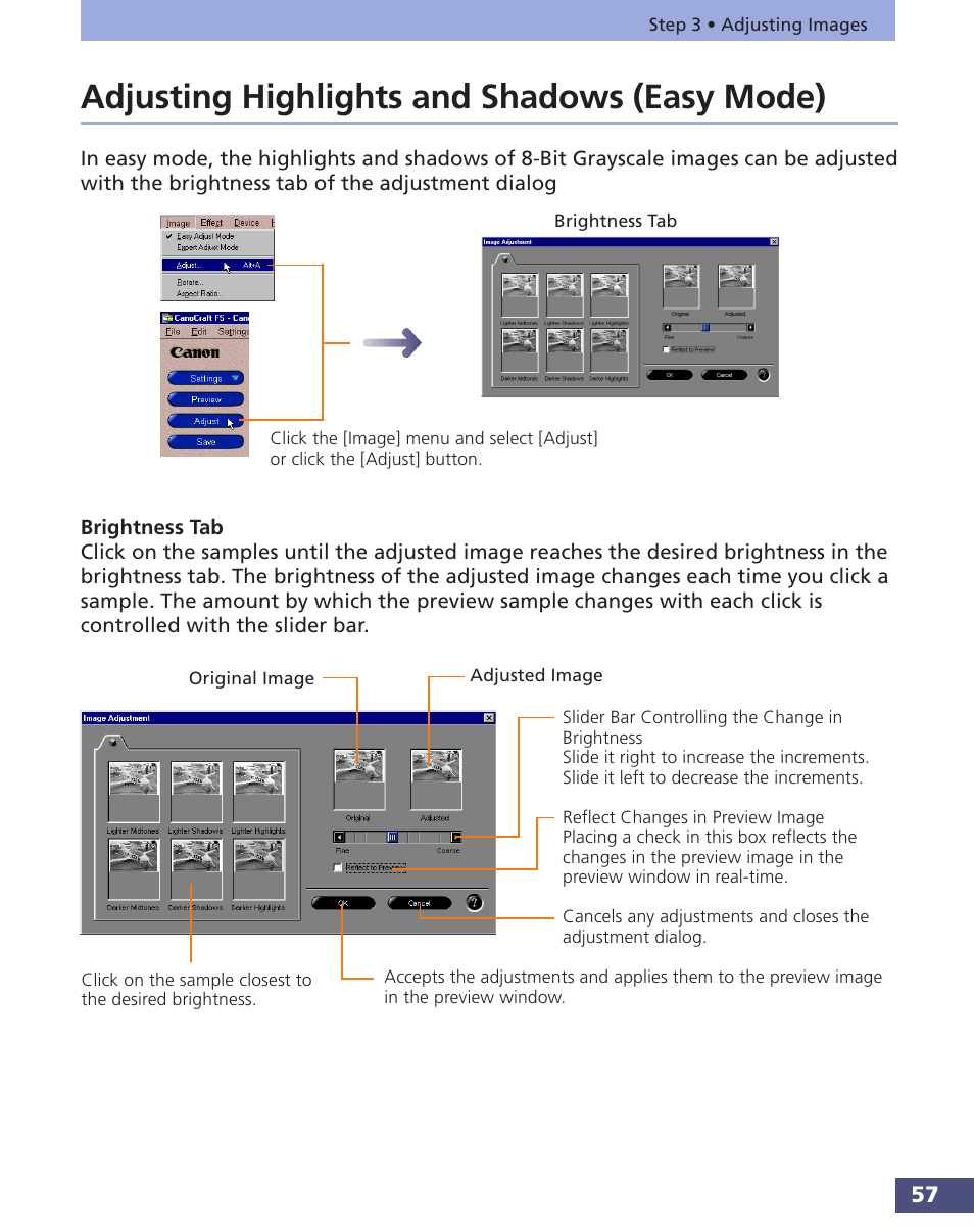 Adjusting highlights and shadows (easy mode) | Canon FS 3.6 User Manual | Page 57 / 135