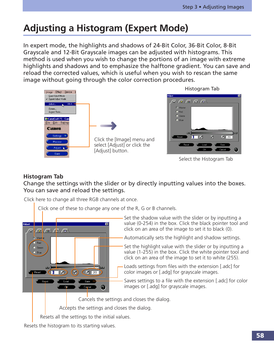 Adjusting a histogram (expert mode), P. 58), Adjusting the histogram (expert mode | P. 58 | Canon FS 3.6 User Manual | Page 58 / 135