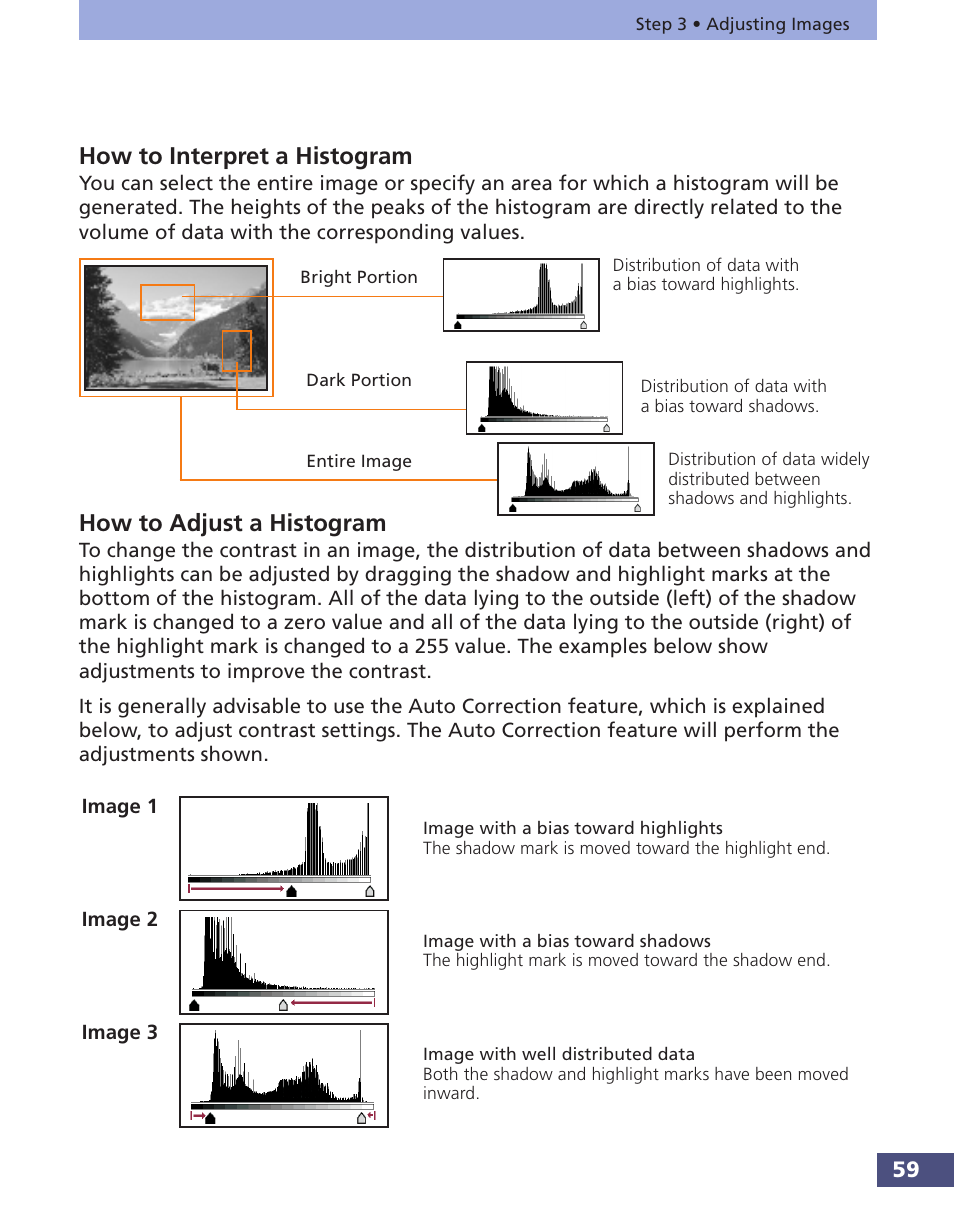 How to interpret a histogram, How to adjust a histogram | Canon FS 3.6 User Manual | Page 59 / 135