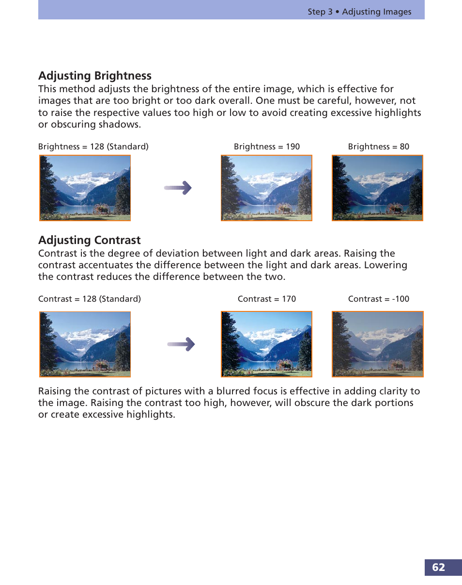 Adjusting brightness adjusting contrast, Adjusting brightness, Adjusting contrast | Canon FS 3.6 User Manual | Page 62 / 135