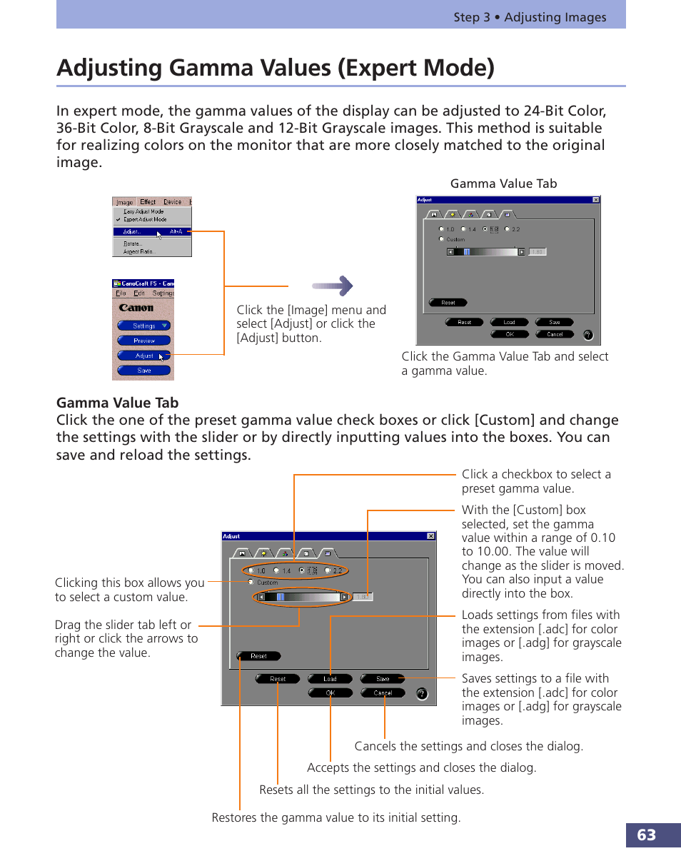 Adjusting gamma values (expert mode), P. 63), Alues (expert mode | P. 63 | Canon FS 3.6 User Manual | Page 63 / 135