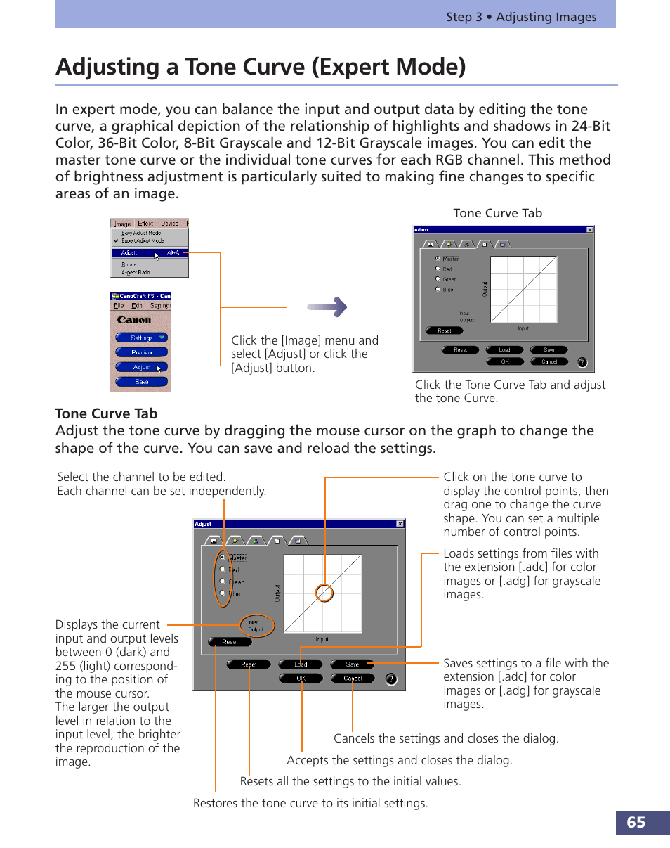 Adjusting a tone curve (expert mode), Data, P. 65) | One curves (expert mode, P. 65 | Canon FS 3.6 User Manual | Page 65 / 135