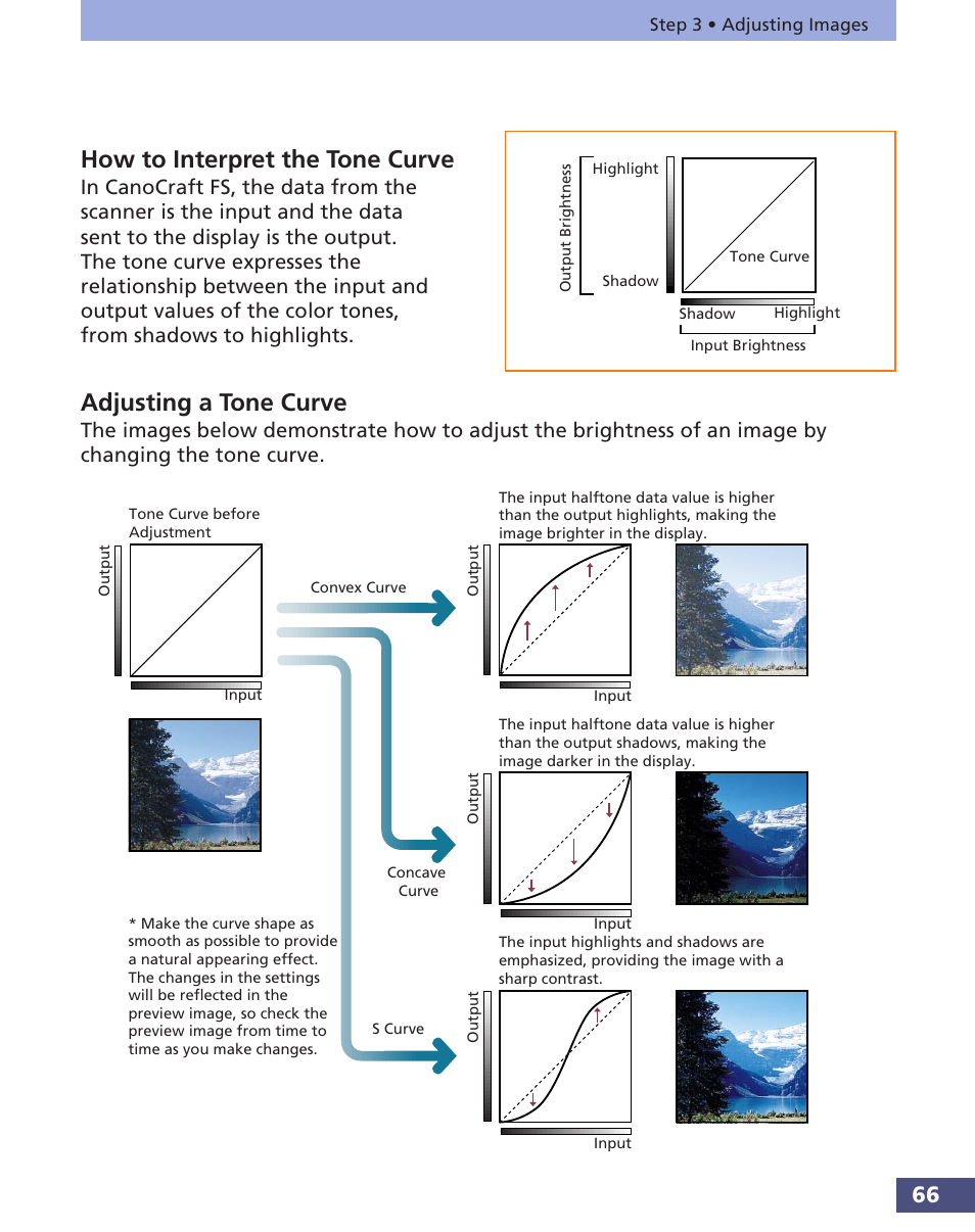 How to interpret the tone curve, Adjusting a tone curve | Canon FS 3.6 User Manual | Page 66 / 135