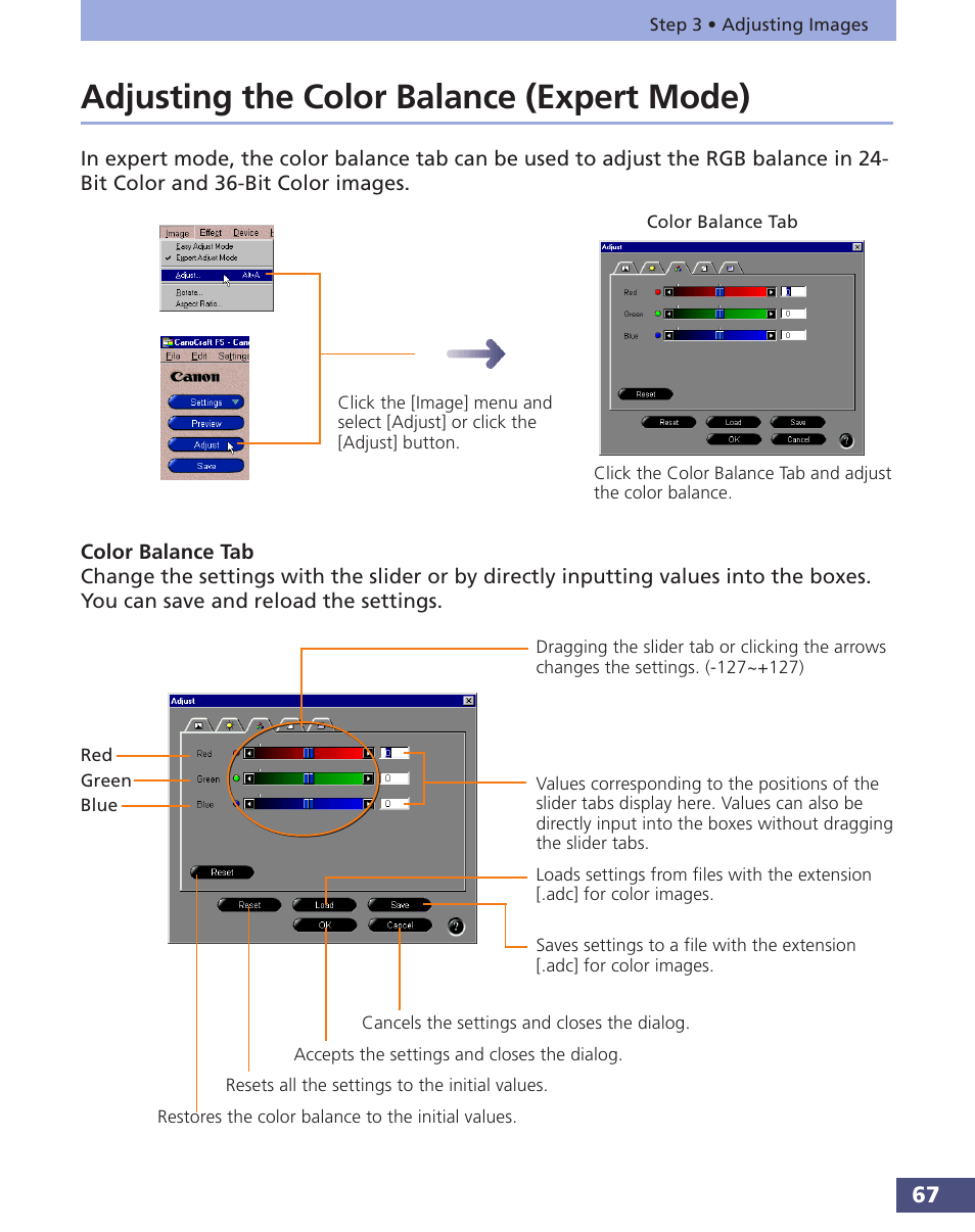 Adjusting the color balance (expert mode), P. 67), Adjusting color balance (expert mode | P. 67 | Canon FS 3.6 User Manual | Page 67 / 135