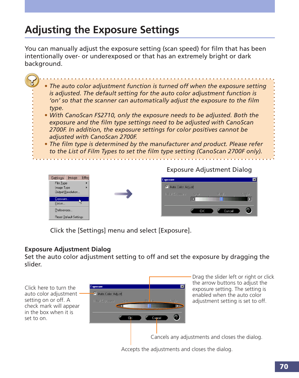 Adjusting the exposure settings | Canon FS 3.6 User Manual | Page 70 / 135