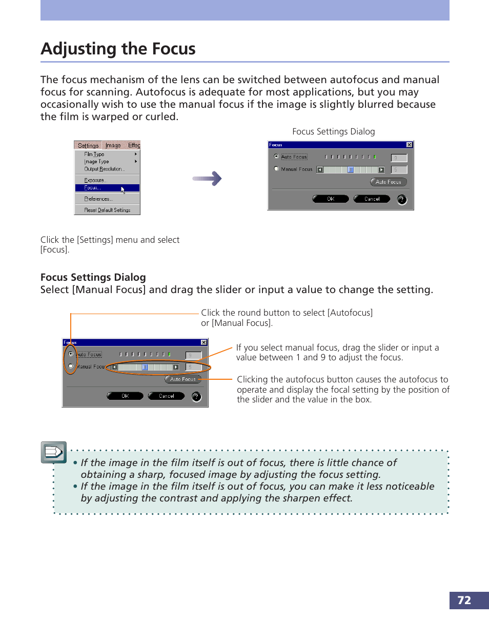 Adjusting the focus | Canon FS 3.6 User Manual | Page 72 / 135