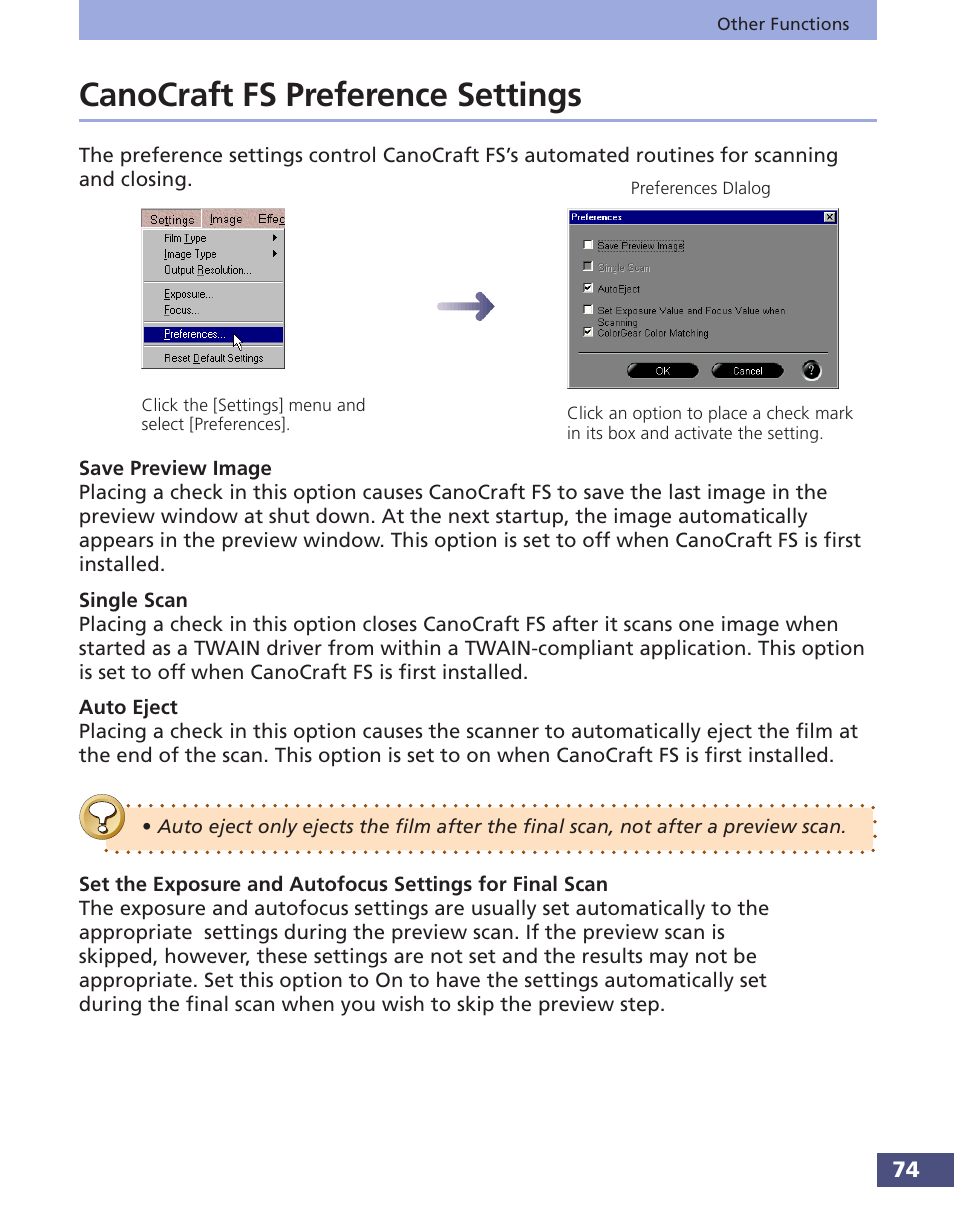 Canocraft fs preference settings | Canon FS 3.6 User Manual | Page 74 / 135