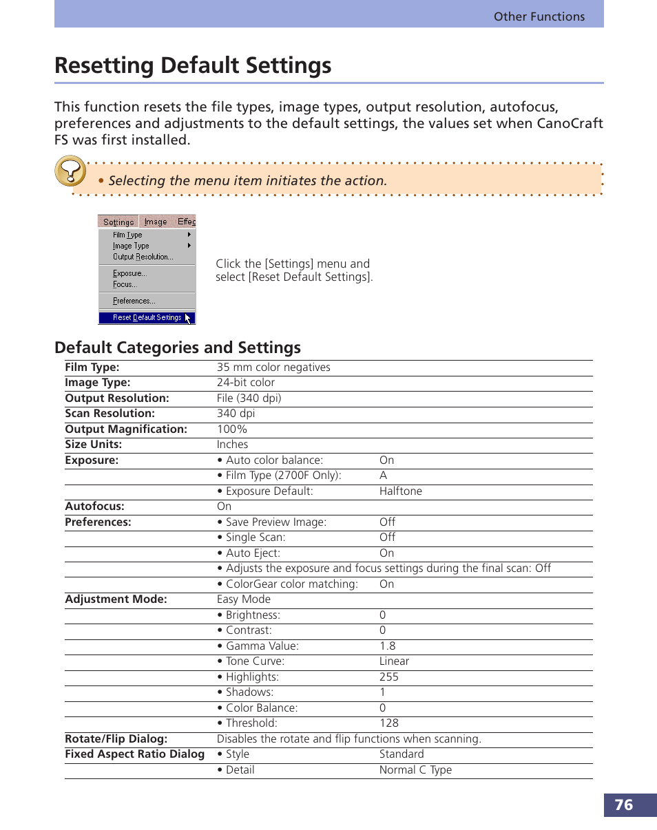 Resetting default settings, Default categories and settings | Canon FS 3.6 User Manual | Page 76 / 135
