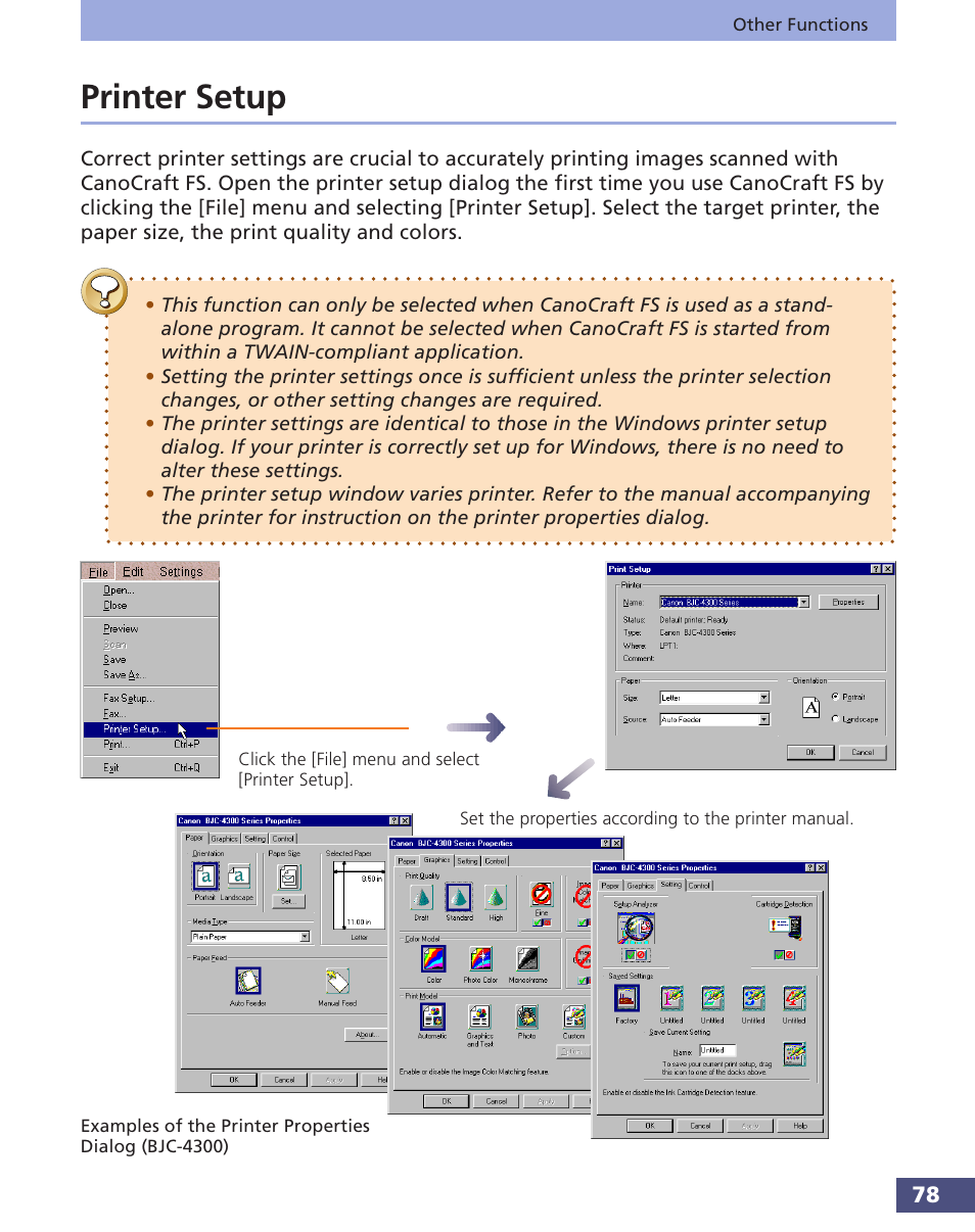 Printer setup | Canon FS 3.6 User Manual | Page 78 / 135