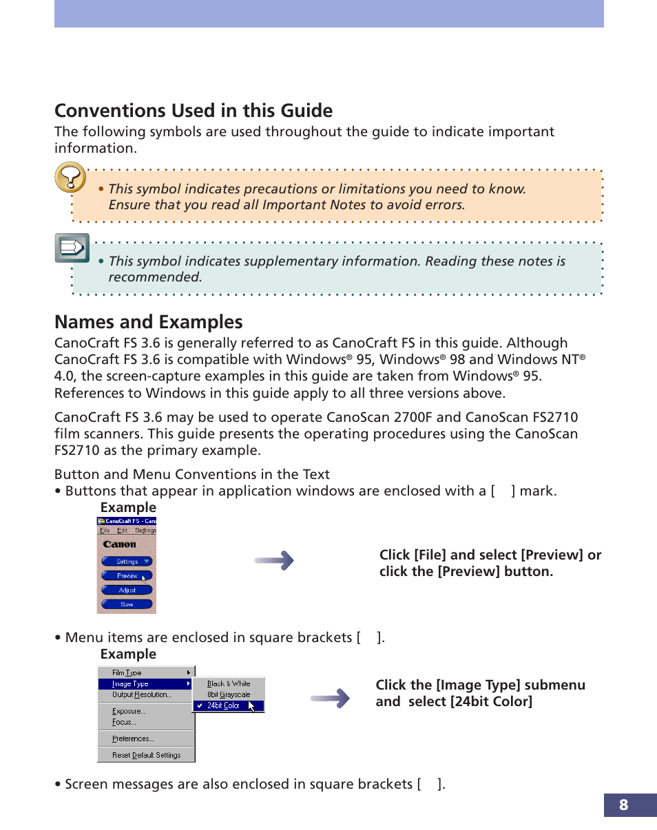 Conventions used in this guide, Names and examples | Canon FS 3.6 User Manual | Page 8 / 135