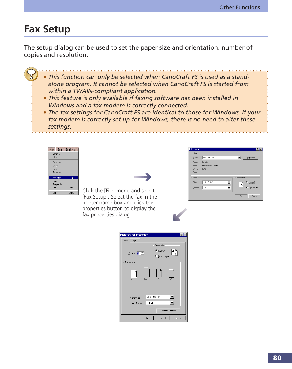 Fax setup | Canon FS 3.6 User Manual | Page 80 / 135