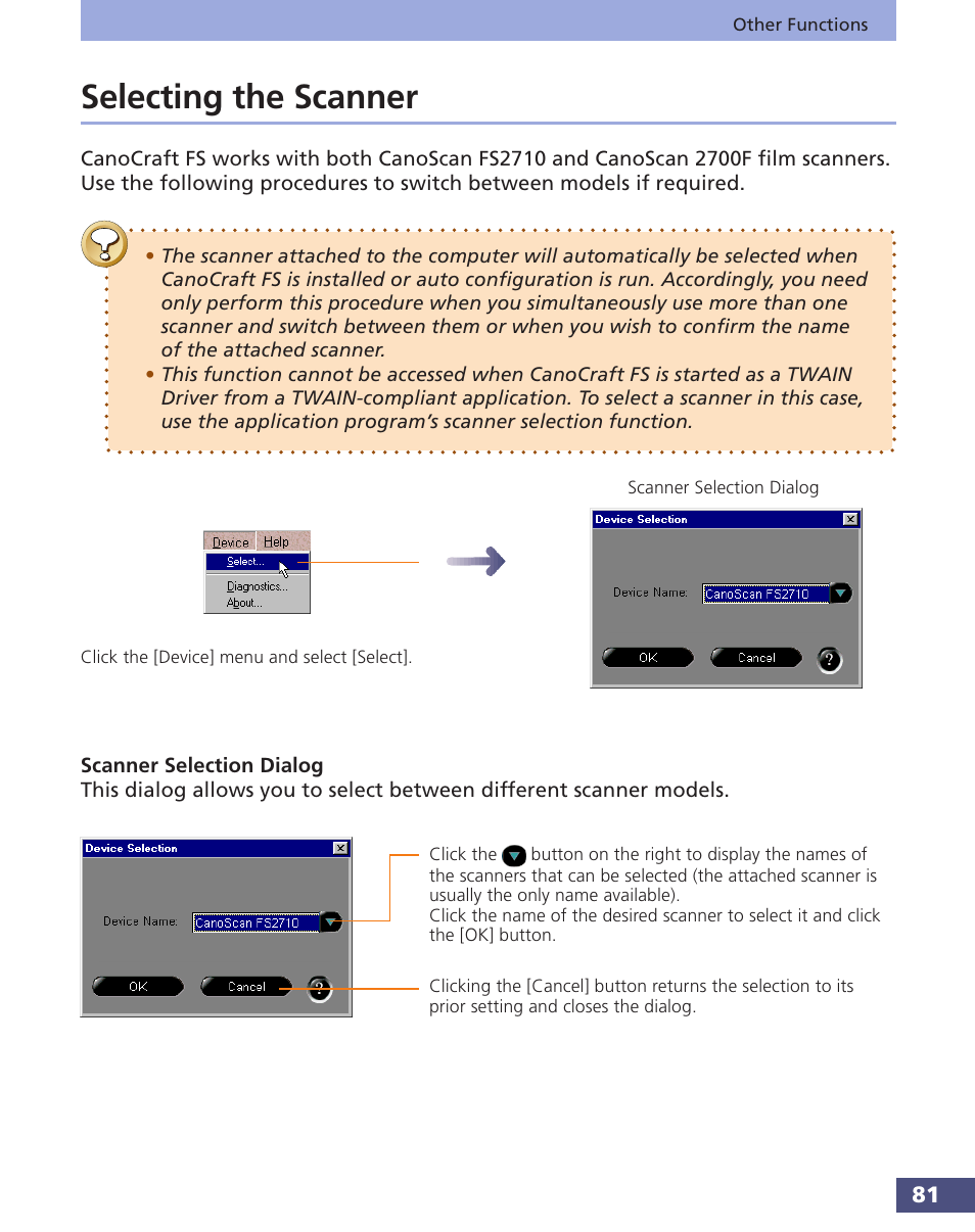 Selecting the scanner | Canon FS 3.6 User Manual | Page 81 / 135
