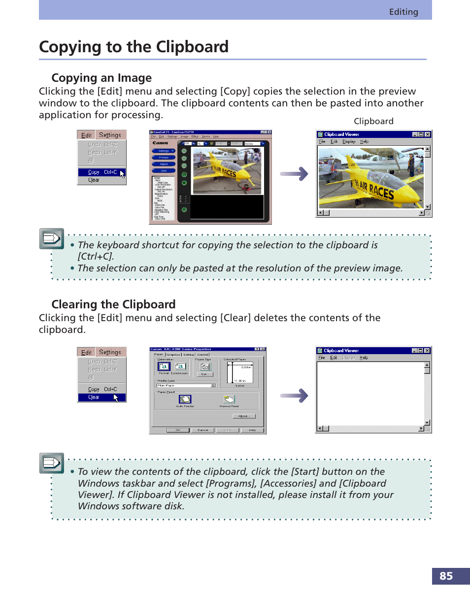 Copying to the clipboard, Copying an image clearing the clipboard | Canon FS 3.6 User Manual | Page 85 / 135