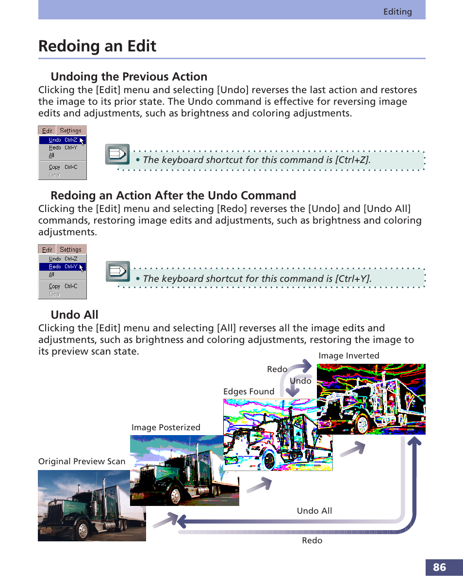 Redoing an edit, Undoing the previous action, Redoing an action after the undo command | Undo all | Canon FS 3.6 User Manual | Page 86 / 135
