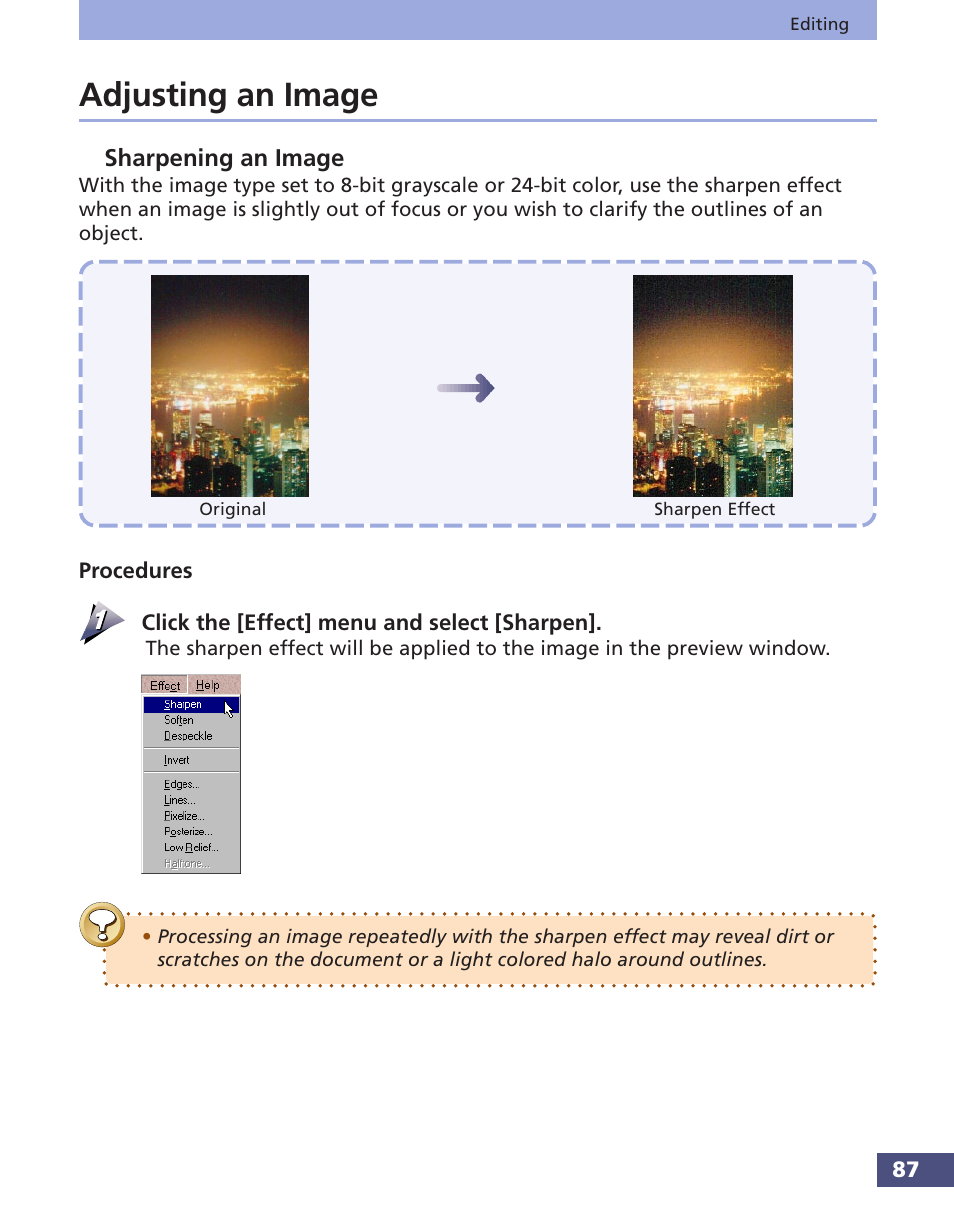 Adjusting an image, Sharpening an image | Canon FS 3.6 User Manual | Page 87 / 135