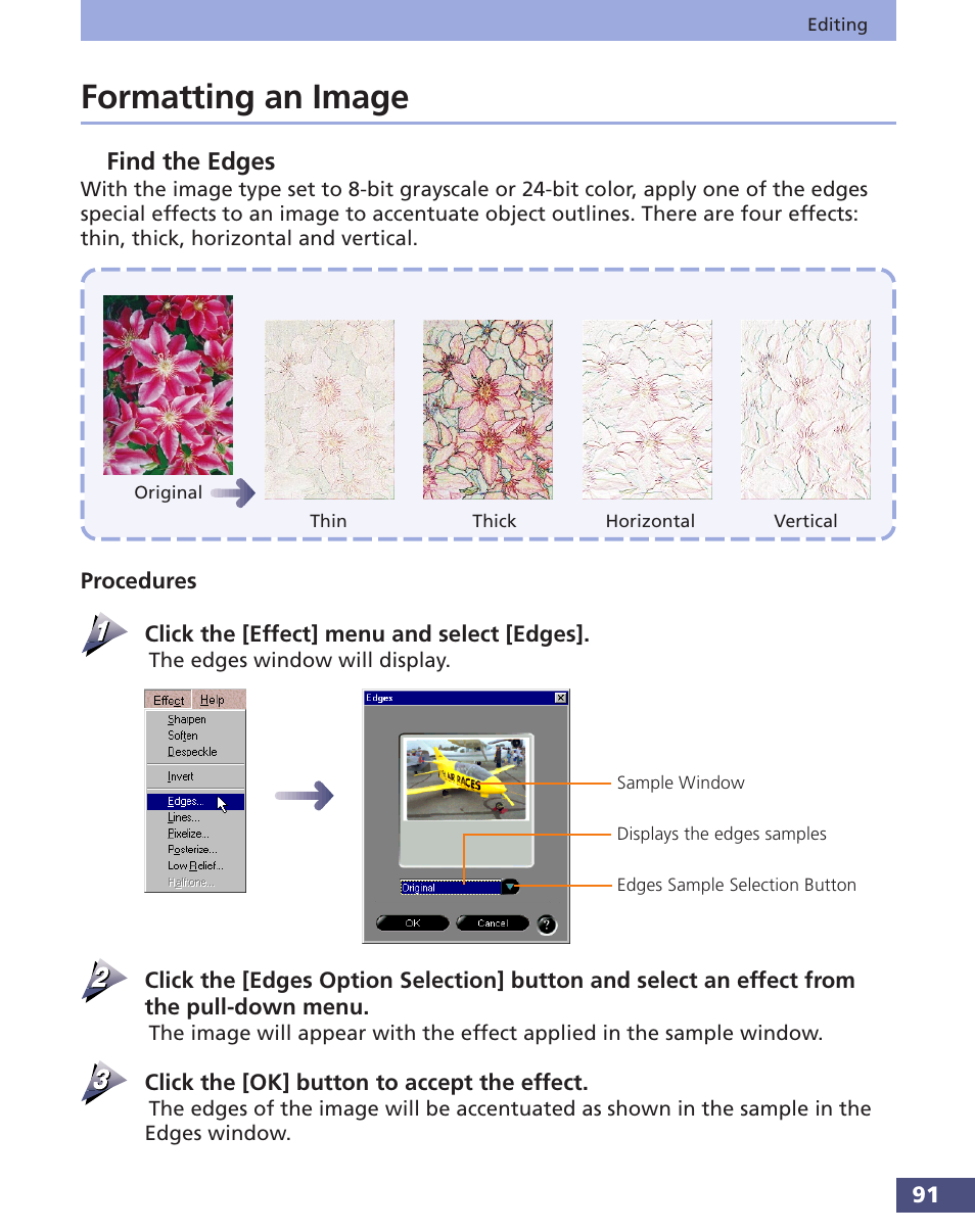 Formatting an image, Find the edges | Canon FS 3.6 User Manual | Page 91 / 135