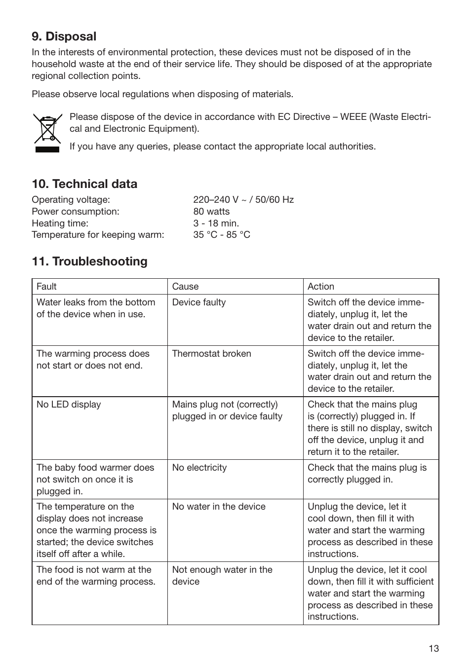 Disposal, Technical data, Troubleshooting | Beurer BY 52 User Manual | Page 13 / 48