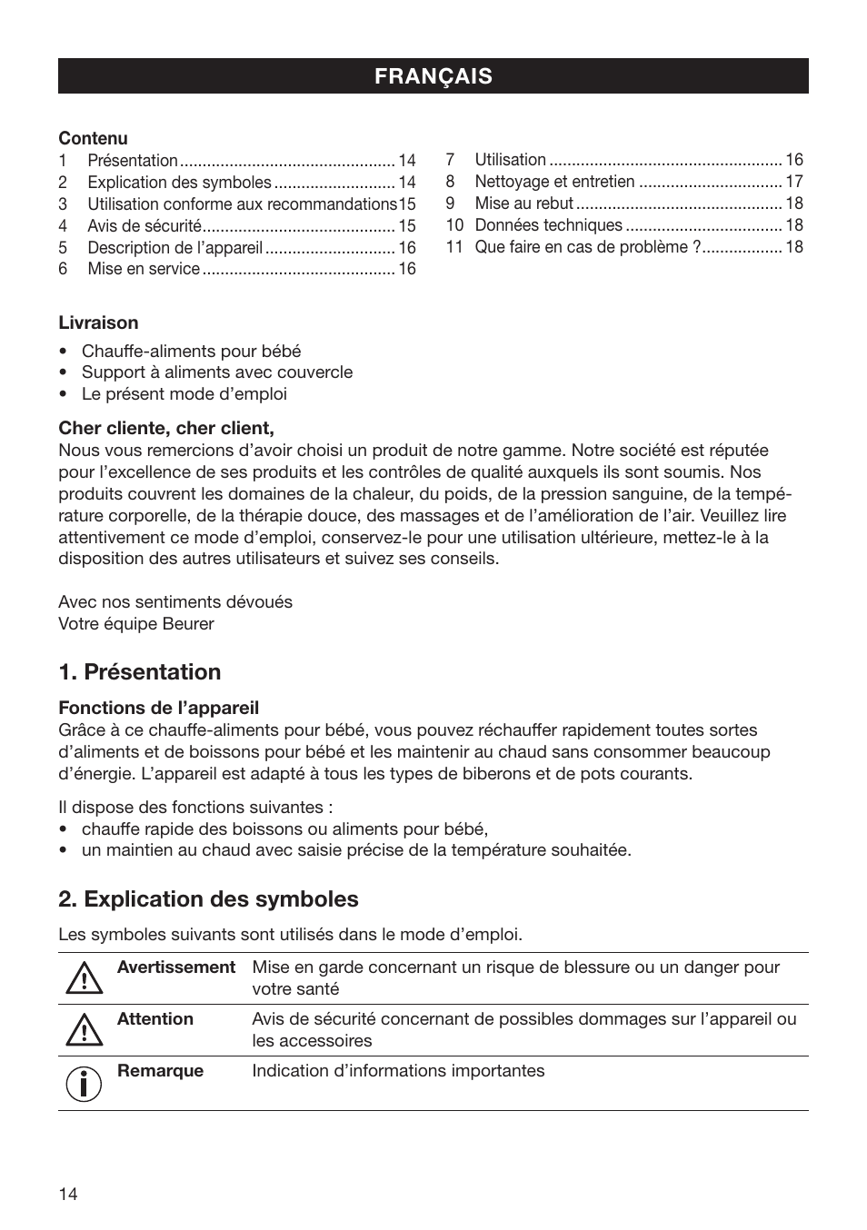 Présentation, Explication des symboles | Beurer BY 52 User Manual | Page 14 / 48