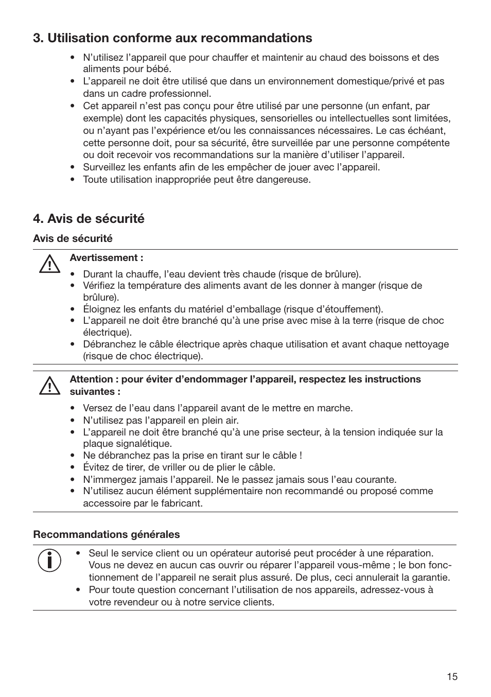 Utilisation conforme aux recommandations, Avis de sécurité | Beurer BY 52 User Manual | Page 15 / 48