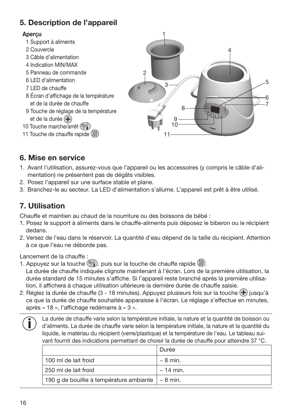 Description de l’appareil, Mise en service, Utilisation | Beurer BY 52 User Manual | Page 16 / 48