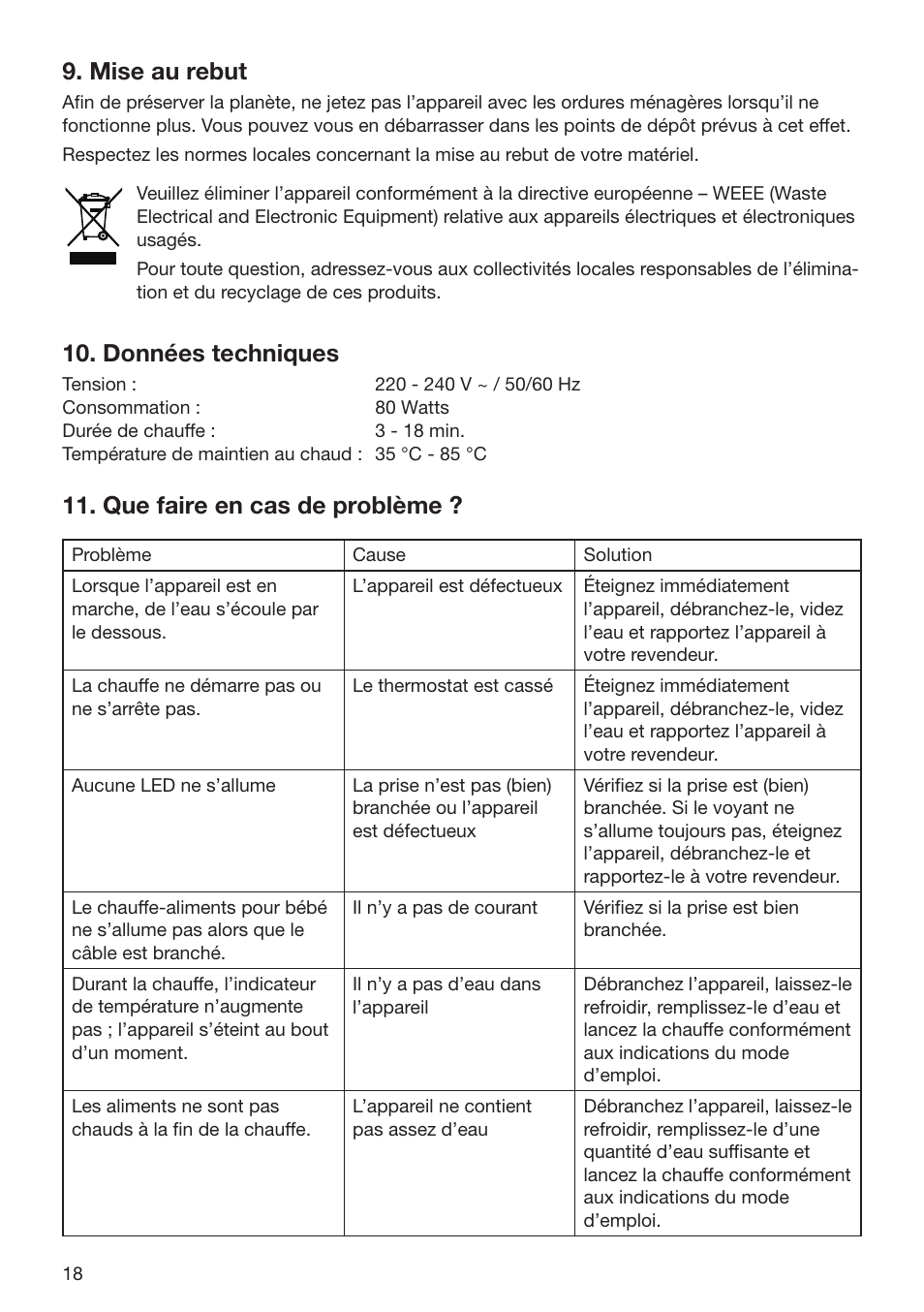 Mise au rebut, Données techniques, Que faire en cas de problème | Beurer BY 52 User Manual | Page 18 / 48