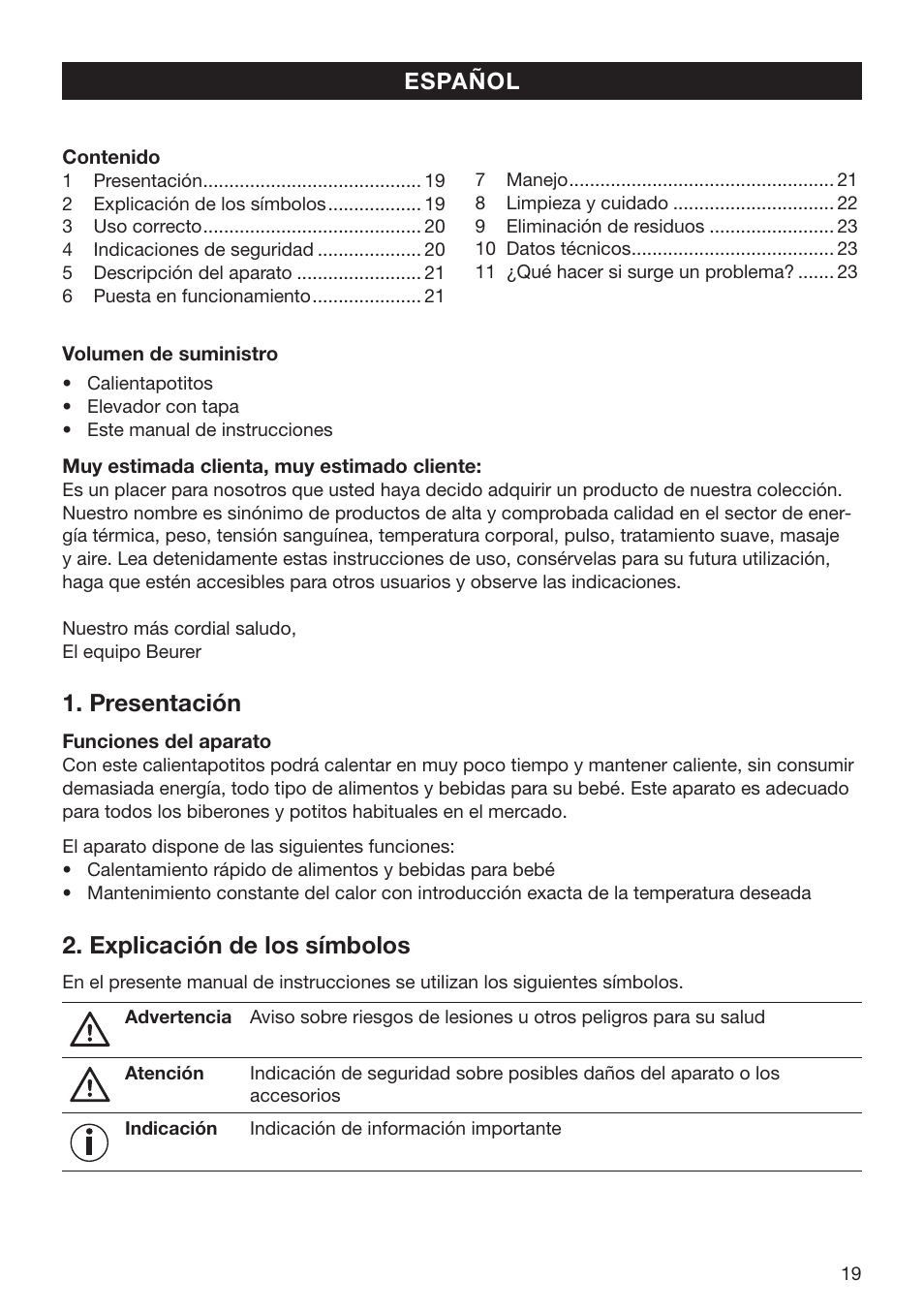 Presentación, Explicación de los símbolos | Beurer BY 52 User Manual | Page 19 / 48