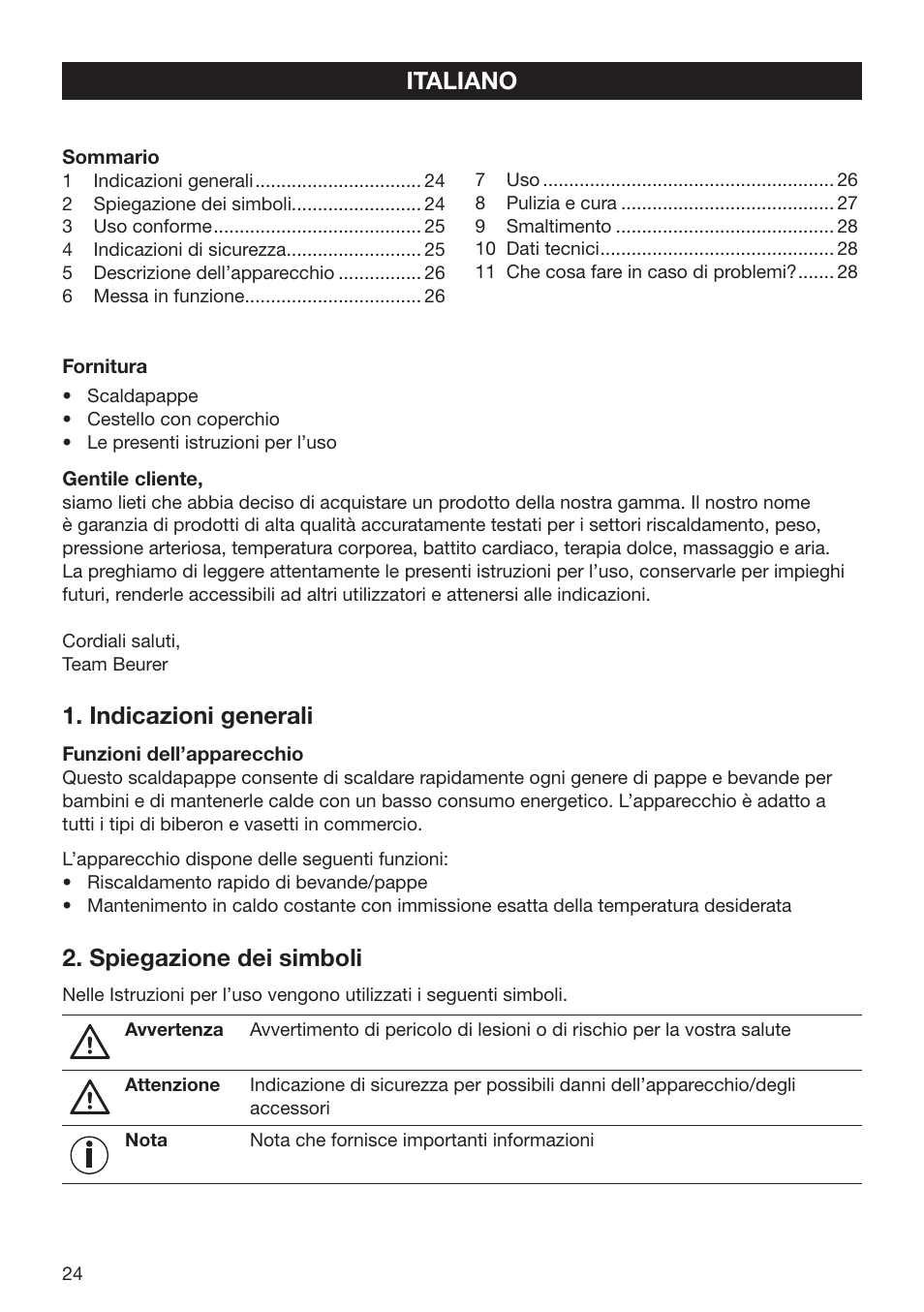 Indicazioni generali, Spiegazione dei simboli, Italiano | Beurer BY 52 User Manual | Page 24 / 48