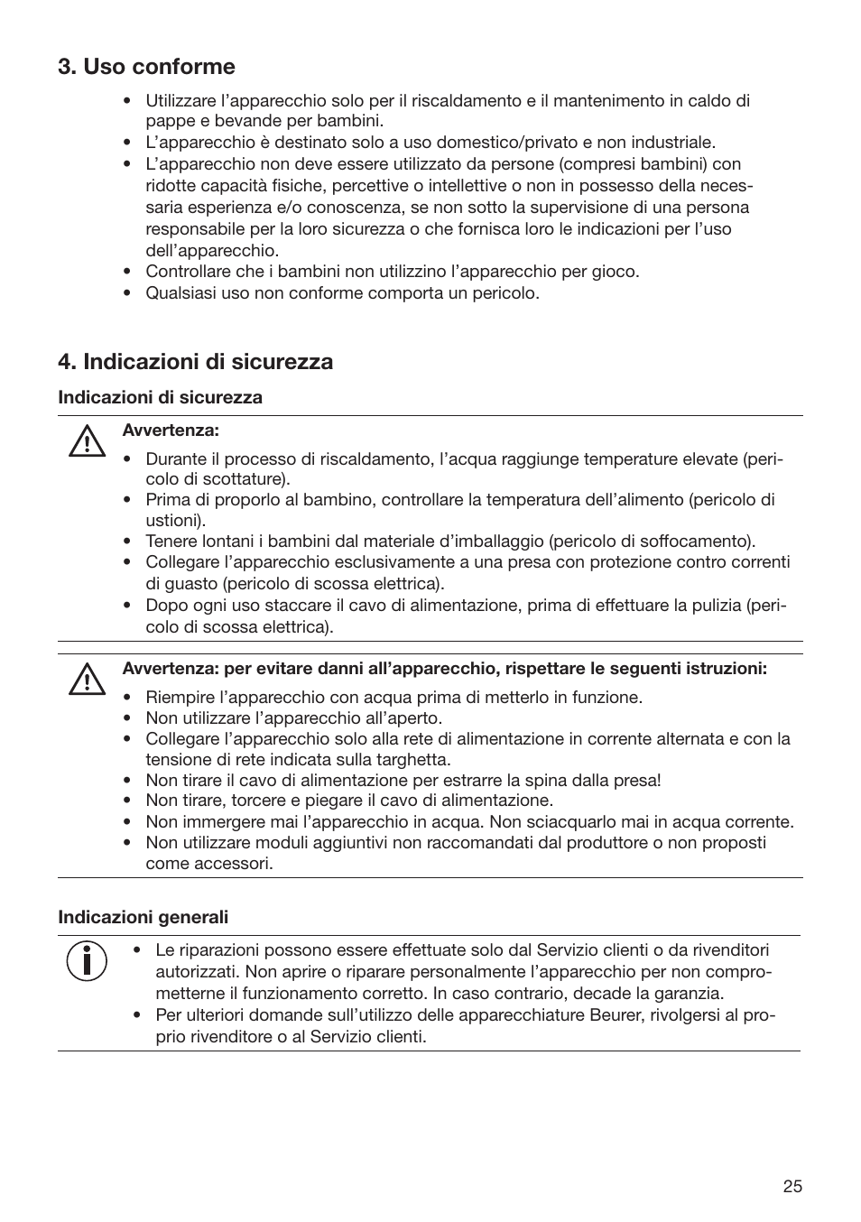 Uso conforme, Indicazioni di sicurezza | Beurer BY 52 User Manual | Page 25 / 48