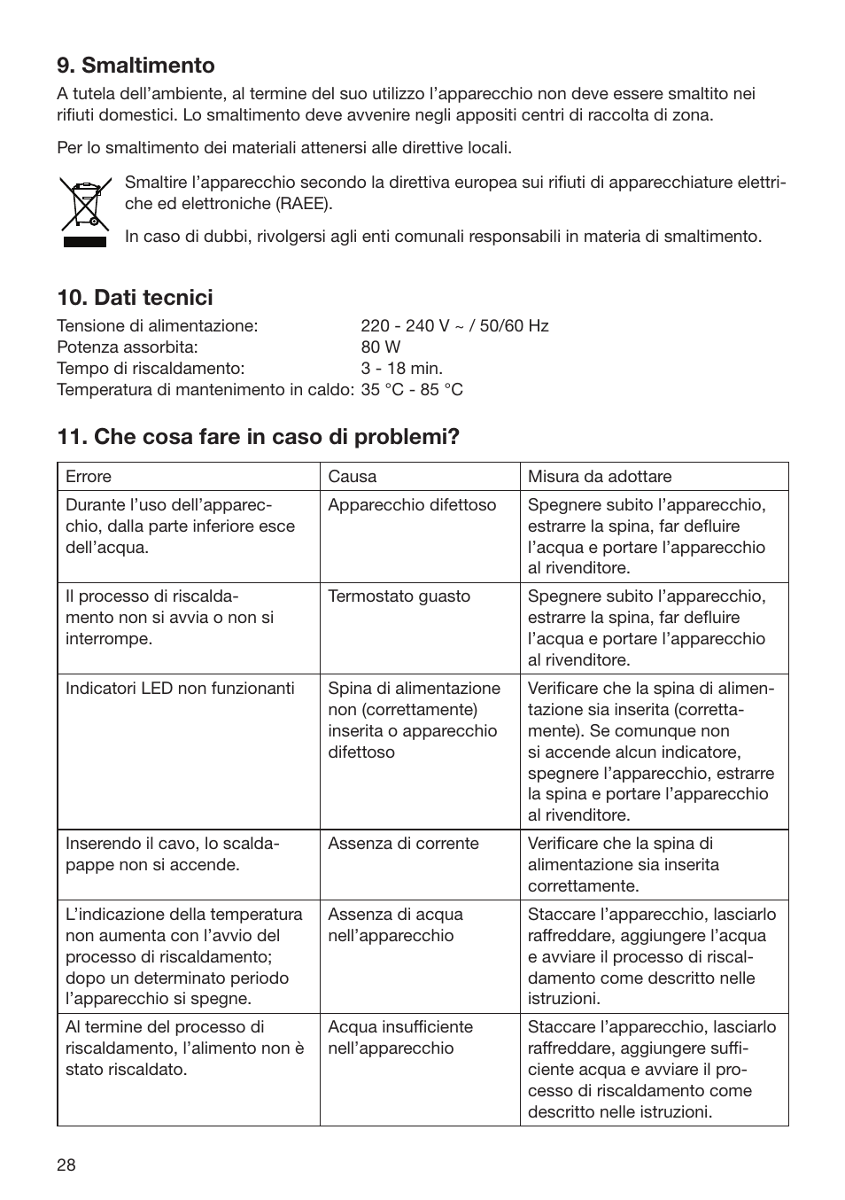 Smaltimento, Dati tecnici, Che cosa fare in caso di problemi | Beurer BY 52 User Manual | Page 28 / 48