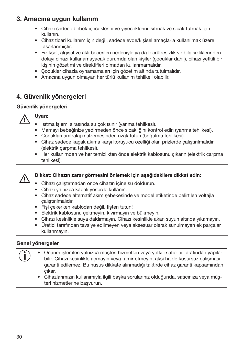 Amacına uygun kullanım, Güvenlik yönergeleri | Beurer BY 52 User Manual | Page 30 / 48